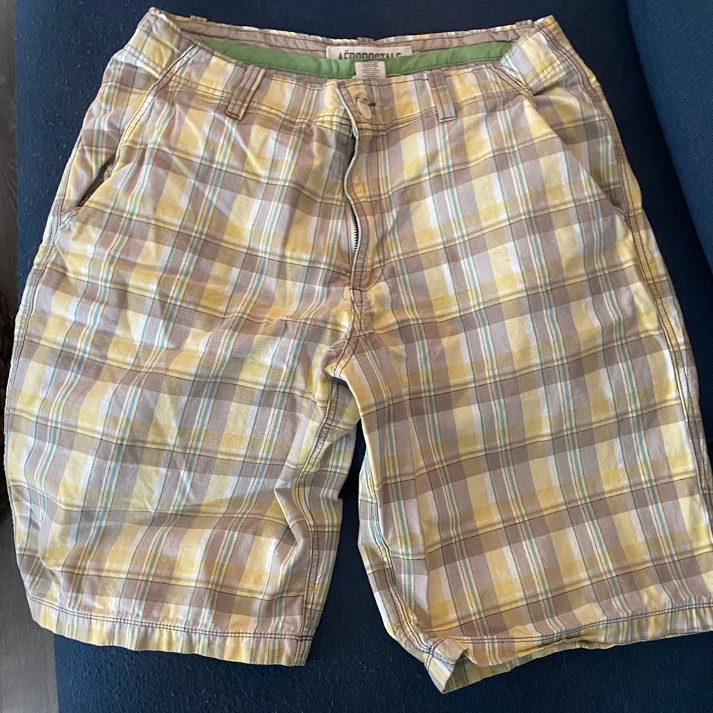Aeropostale Plaid Shorts. Size 34. Mostly soft yellow/ brown with white, etc.